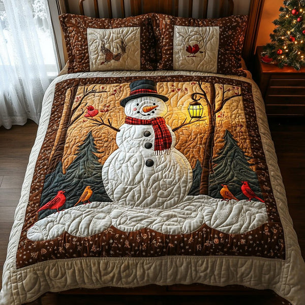 Merry Frost quilted 3-piece bedding set on a made bed in a winter-styled bedroom