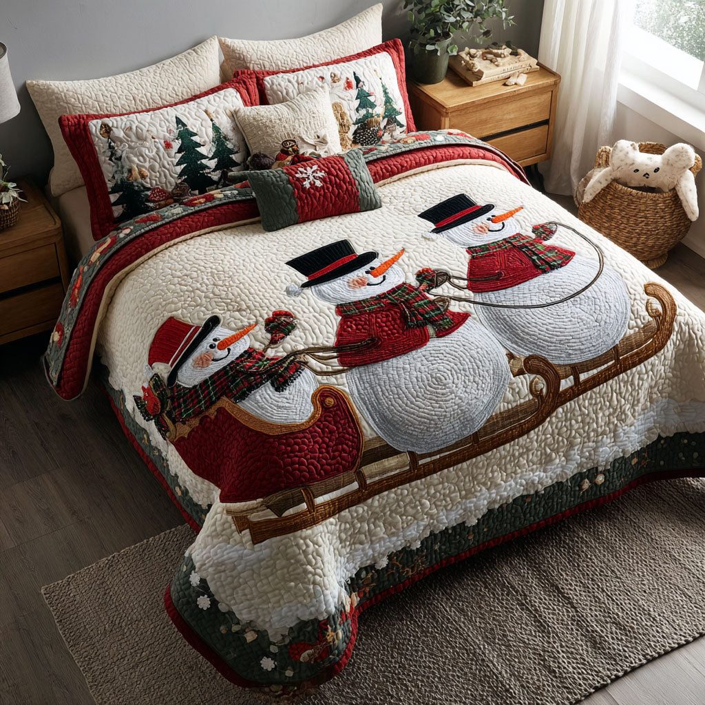 Merry Frostmen quilted 3-piece bedding set on a made bed in a winter-styled bedroom