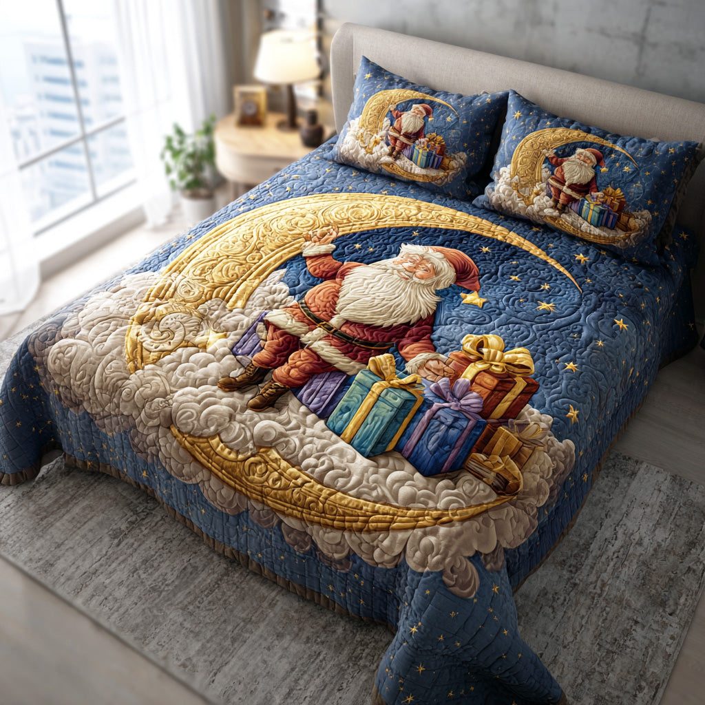 Merry Gift Santa quilted 3-piece bedding set on a made bed in a winter-styled bedroom