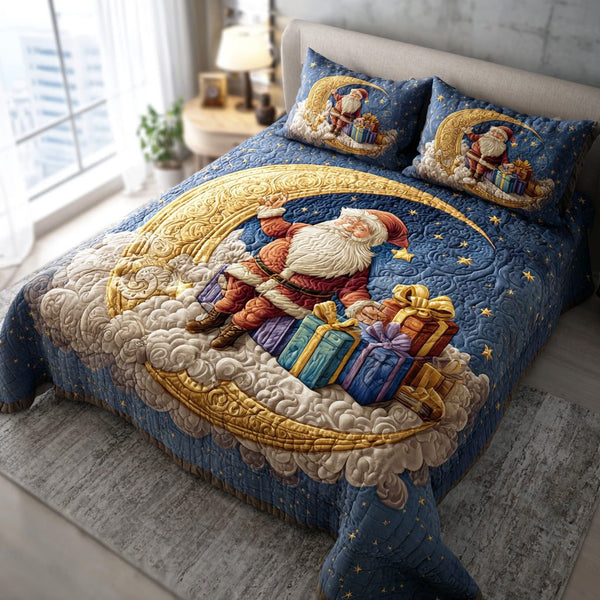 Merry Gift Santa quilted 3-piece bedding set on a made bed in a winter-styled bedroom