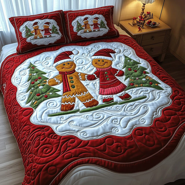 Merry Gingerbread Nights quilted 3-piece bedding set on a made bed in a winter-styled bedroom