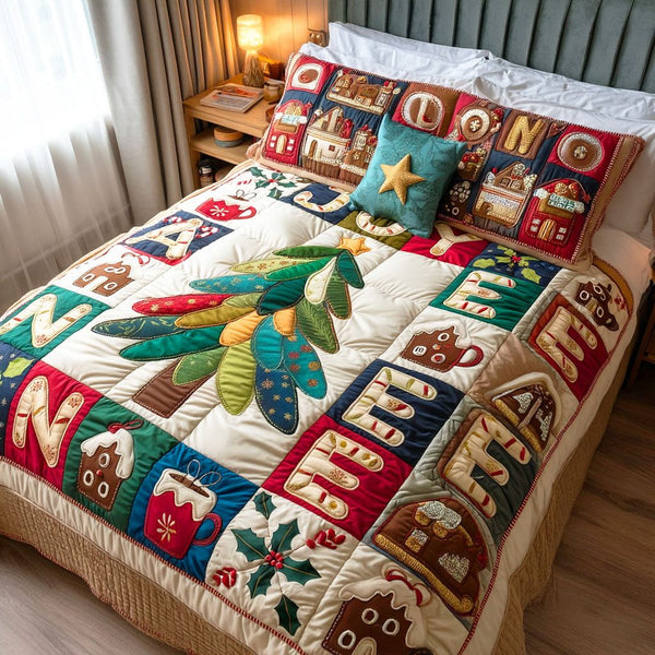 Merry Glow quilted 3-piece bedding set on a made bed in a winter-styled bedroom