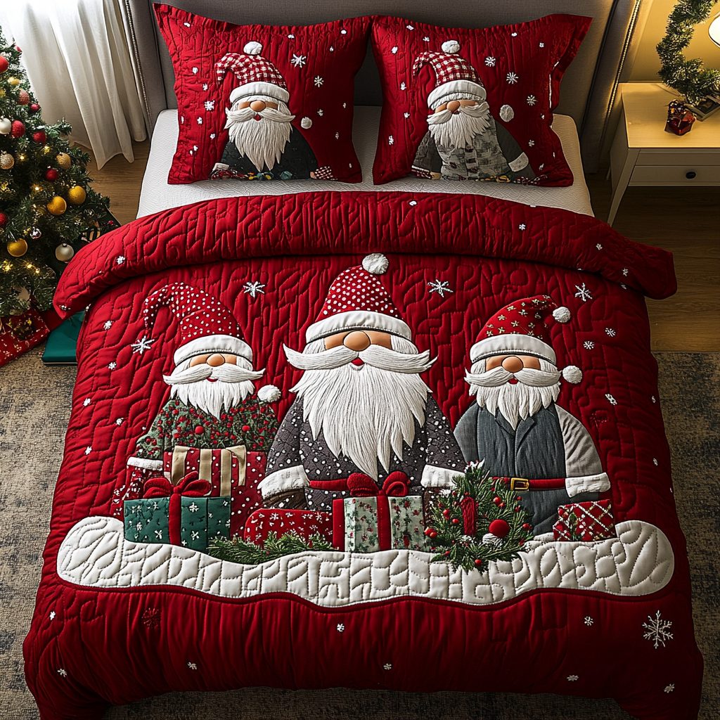 Merry Gnome Gathering quilted 3-piece bedding set on a made bed in a winter-styled bedroom