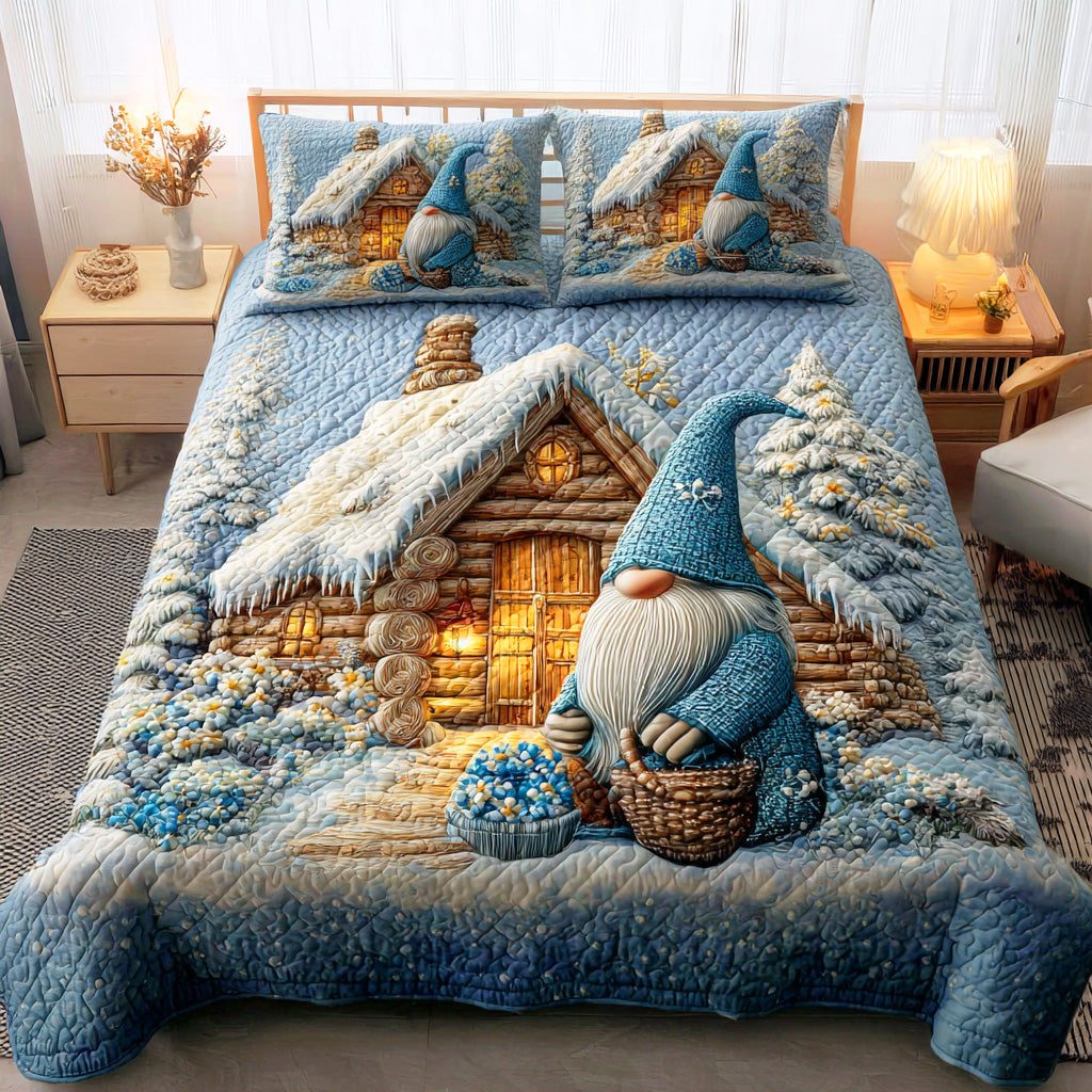 Merry Gnome Gathering quilted 3-piece bedding set on a made bed in a winter-styled bedroom