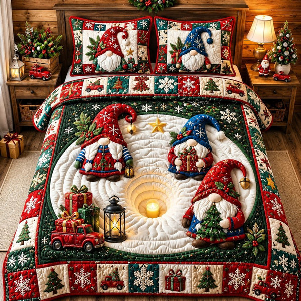 Merry Gnomes Christmas quilted 3-piece bedding set on a made bed in a winter-styled bedroom