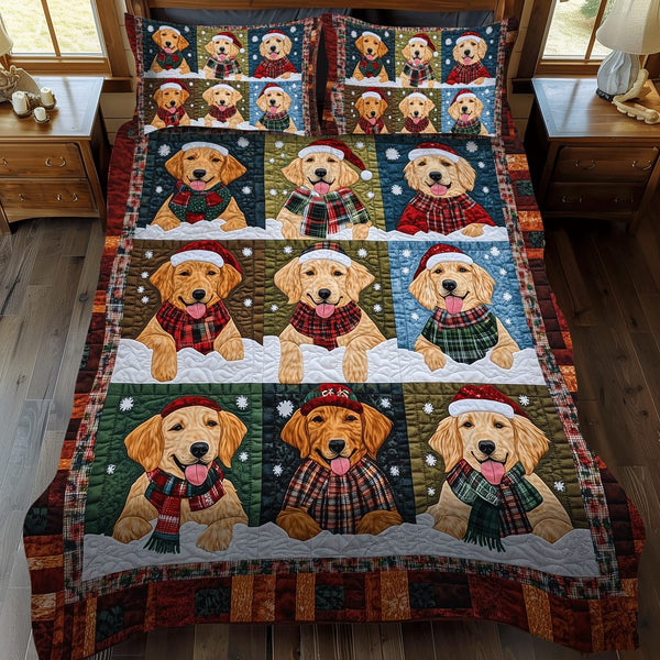 Merry Golden Paws quilted 3-piece bedding set on a made bed in a winter-styled bedroom