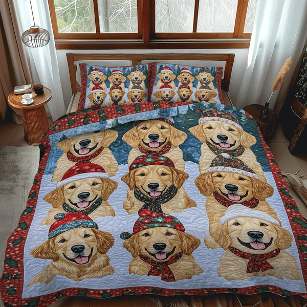 Merry Golden Smiles quilted 3-piece bedding set on a made bed in a winter-styled bedroom