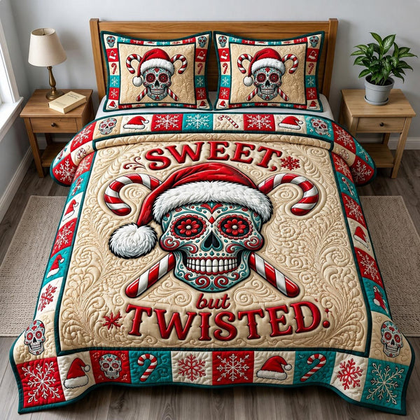 Merry Gothmas quilted 3-piece bedding set on a made bed in a winter-styled bedroom