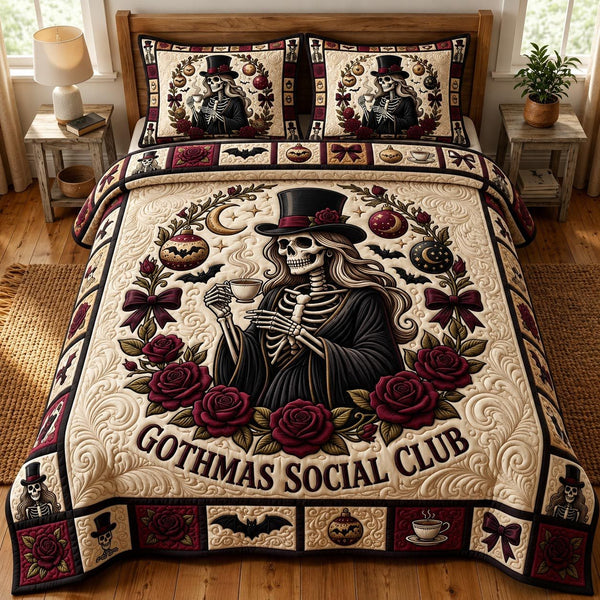 Merry Gothmas quilted 3-piece bedding set on a made bed in a winter-styled bedroom