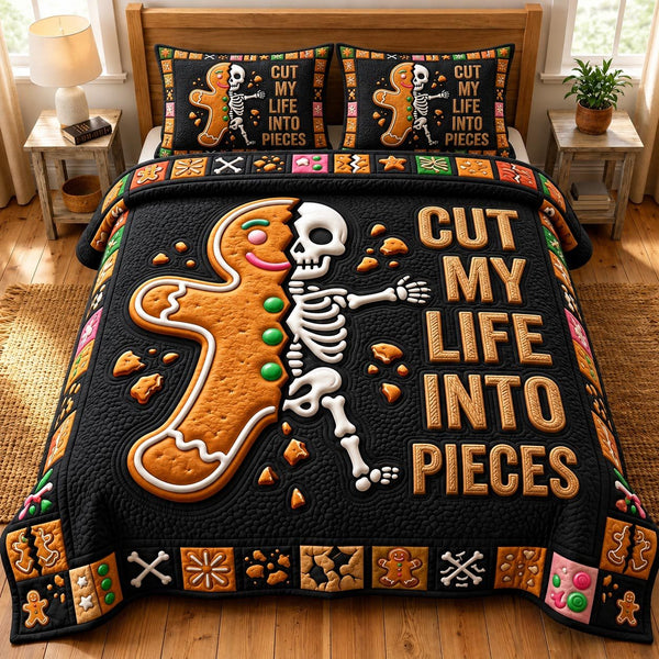 Merry Gothmas quilted 3-piece bedding set on a made bed in a winter-styled bedroom