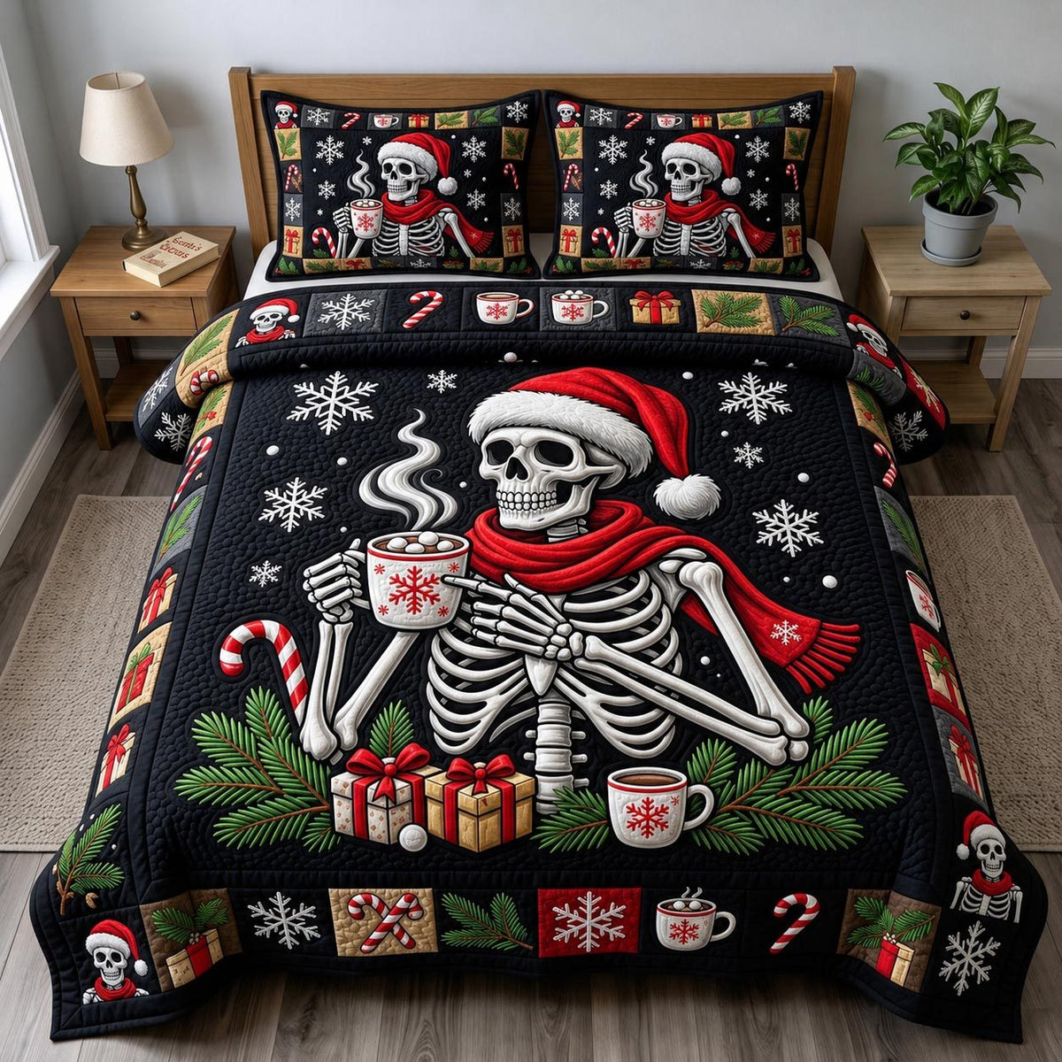 Merry Gothmas quilted 3-piece bedding set on a made bed in a winter-styled bedroom