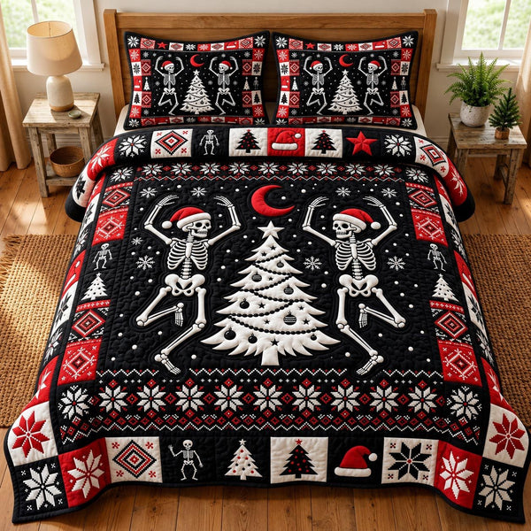 Merry Gothmas quilted 3-piece bedding set on a made bed in a winter-styled bedroom