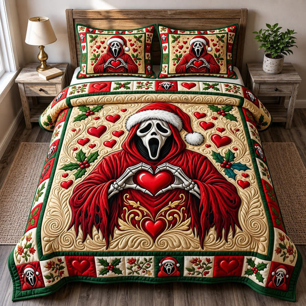 Merry Gothmas quilted 3-piece bedding set on a made bed in a winter-styled bedroom