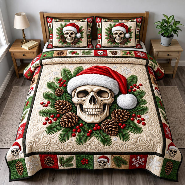 Merry Gothmas quilted 3-piece bedding set on a made bed in a winter-styled bedroom