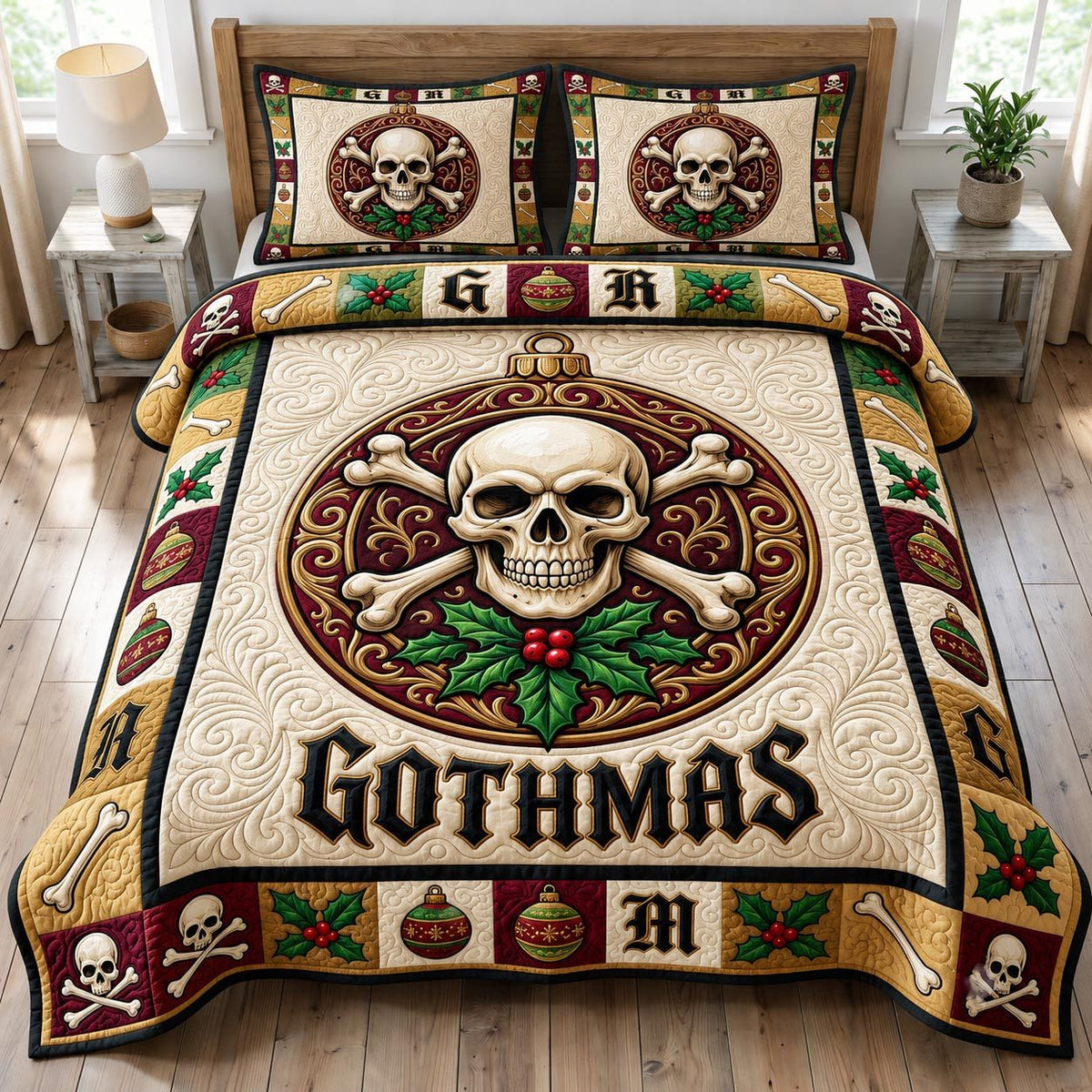 Merry Gothmas quilted 3-piece bedding set on a made bed in a winter-styled bedroom