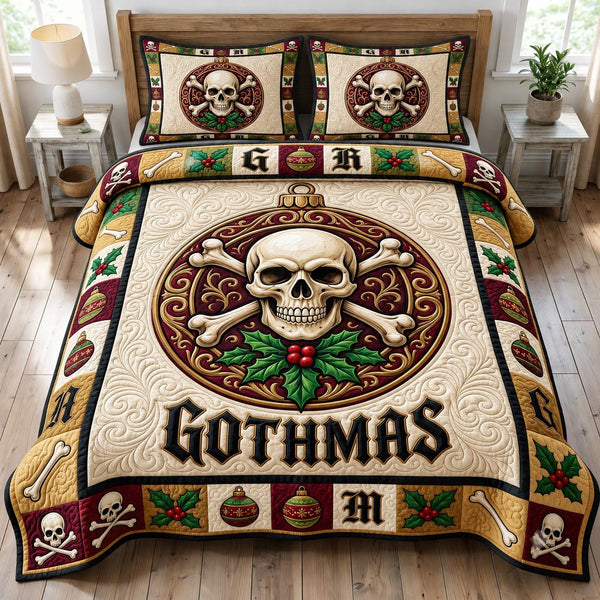 Merry Gothmas quilted 3-piece bedding set on a made bed in a winter-styled bedroom