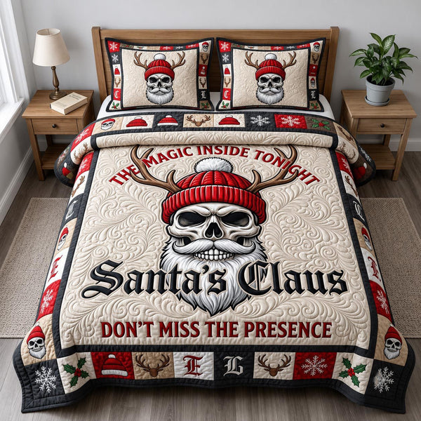 Merry Gothmas quilted 3-piece bedding set on a made bed in a winter-styled bedroom