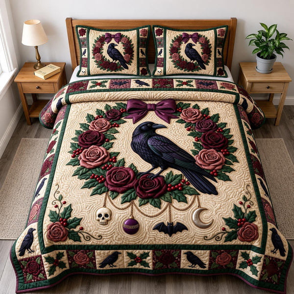 Merry Gothmas quilted 3-piece bedding set on a made bed in a winter-styled bedroom