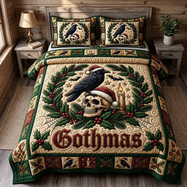 Merry Gothmas quilted 3-piece bedding set on a made bed in a winter-styled bedroom