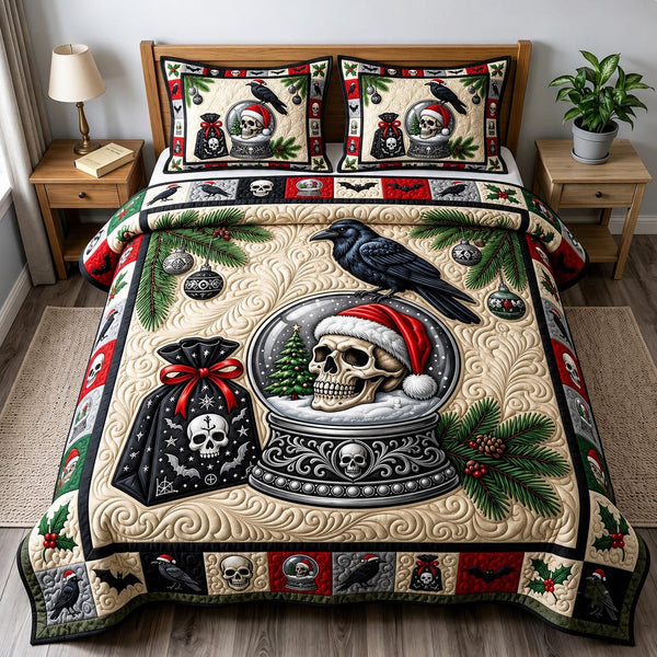 Merry Gothmas quilted 3-piece bedding set on a made bed in a winter-styled bedroom