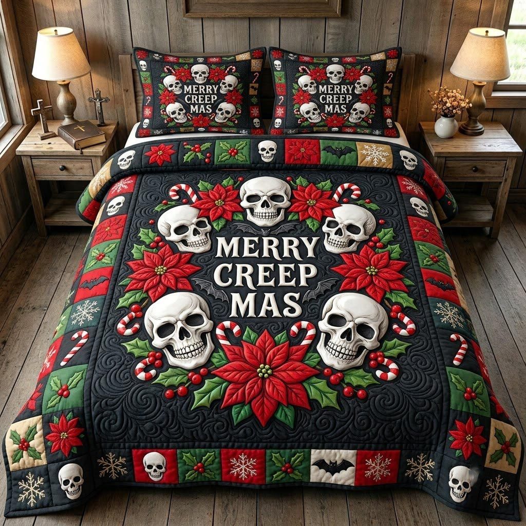Merry Gothmas quilted 3-piece bedding set on a made bed in a winter-styled bedroom