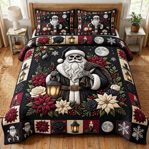 Merry Gothmas quilted 3-piece bedding set on a made bed in a winter-styled bedroom