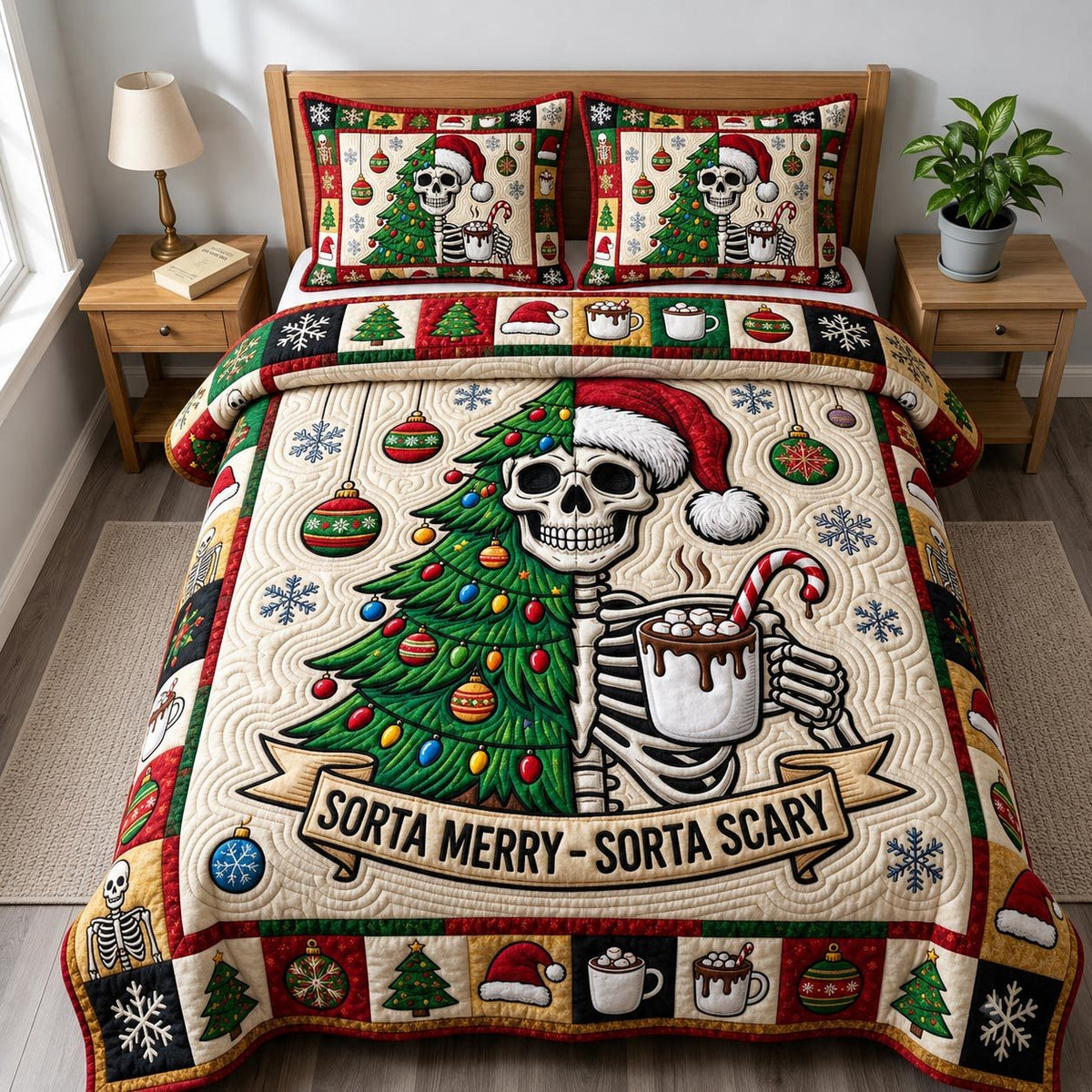 Merry Gothmas quilted 3-piece bedding set on a made bed in a winter-styled bedroom