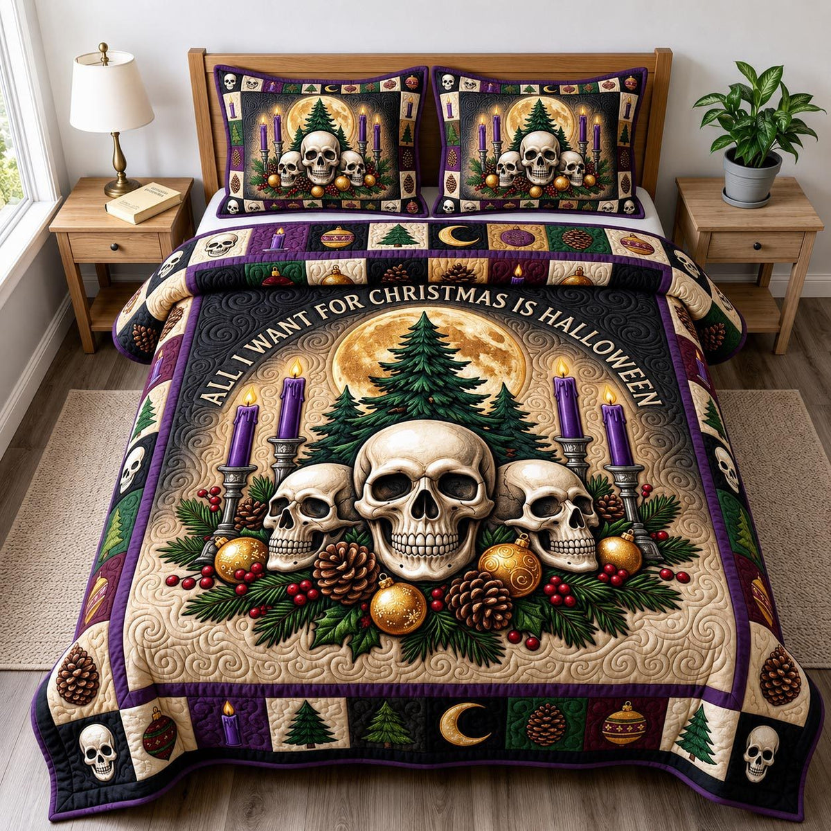 Merry Gothmas quilted 3-piece bedding set on a made bed in a winter-styled bedroom