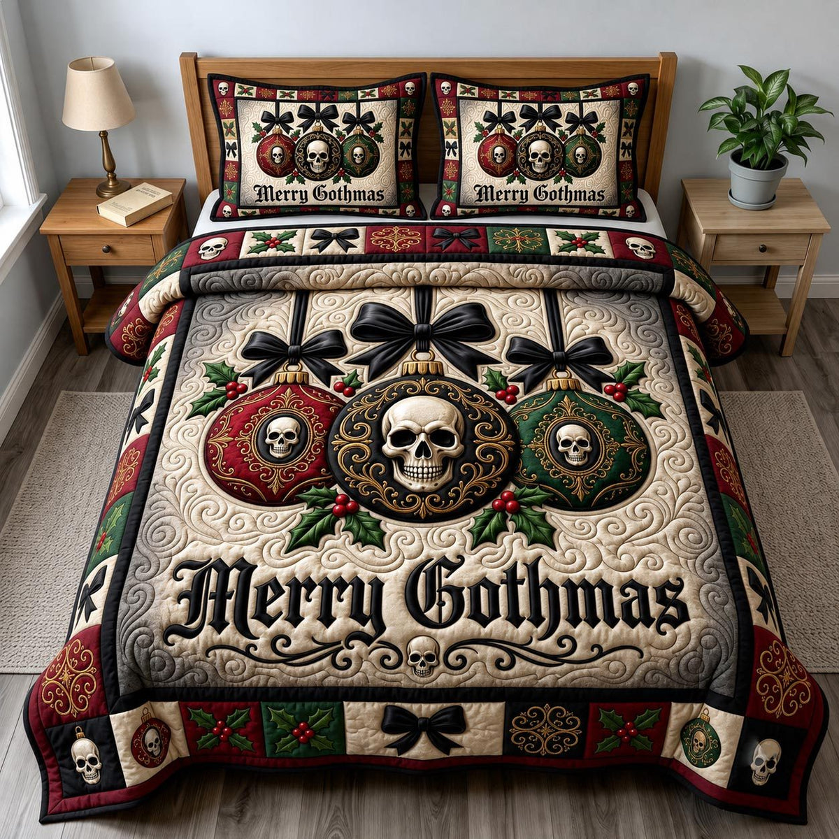 Merry Gothmas quilted 3-piece bedding set on a made bed in a winter-styled bedroom