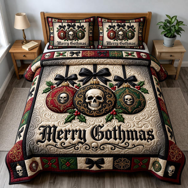 Merry Gothmas quilted 3-piece bedding set on a made bed in a winter-styled bedroom