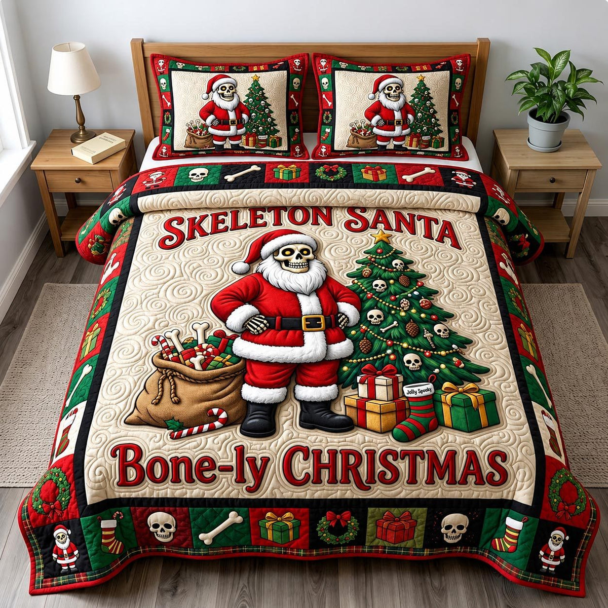 Merry Gothmas quilted 3-piece bedding set on a made bed in a winter-styled bedroom