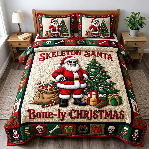Merry Gothmas quilted 3-piece bedding set on a made bed in a winter-styled bedroom