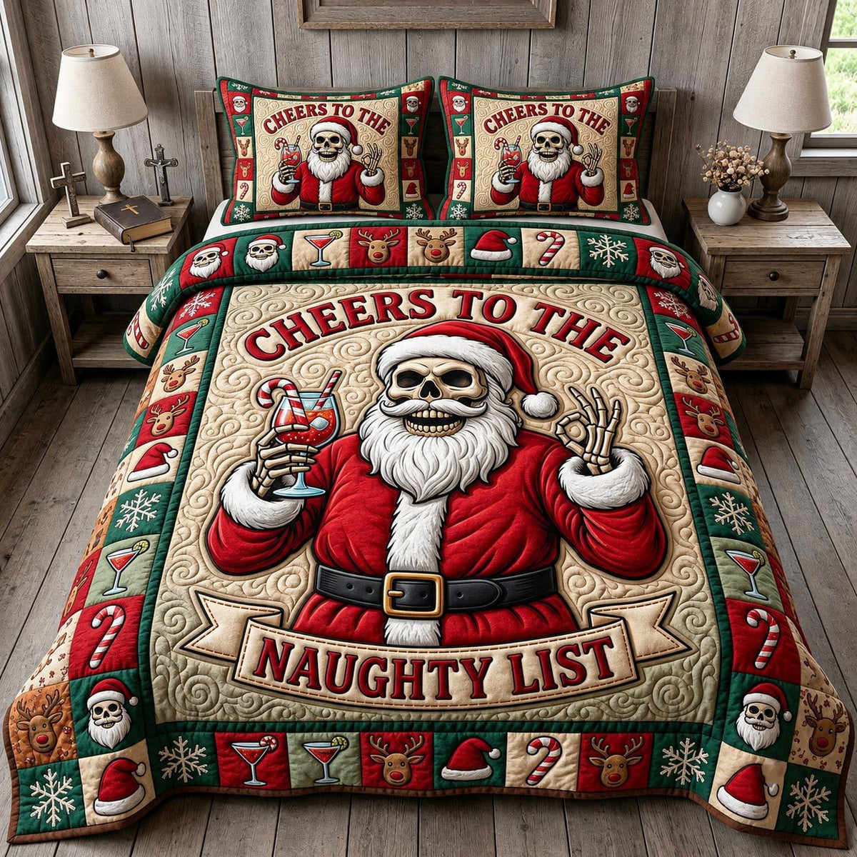 Merry Gothmas quilted 3-piece bedding set on a made bed in a winter-styled bedroom