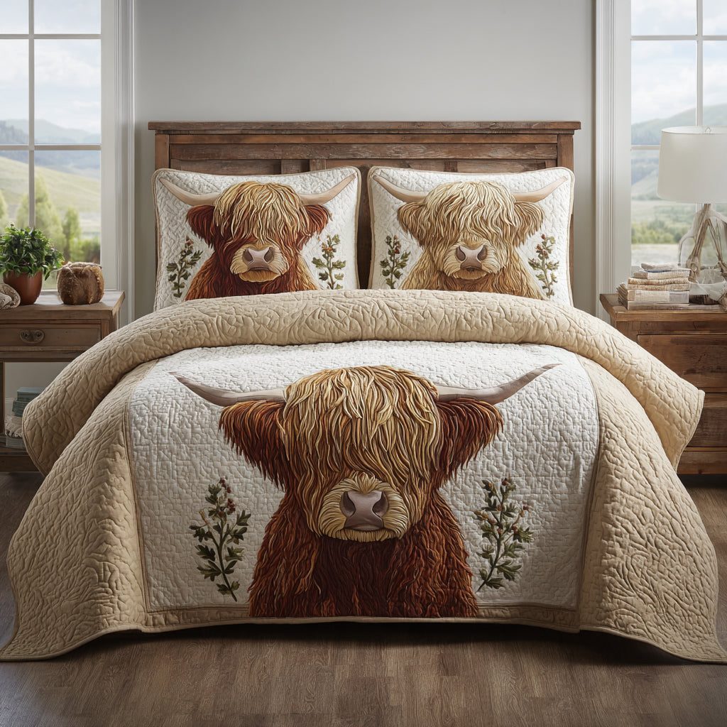 Merry Highland quilted 3-piece bedding set on a made bed in a winter-styled bedroom