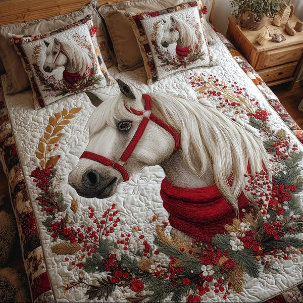 Merry Horse Whispers quilted 3-piece bedding set on a made bed in a winter-styled bedroom