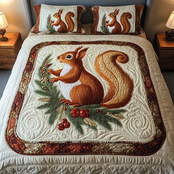 Merry Mischief quilted 3-piece bedding set on a made bed in a winter-styled bedroom