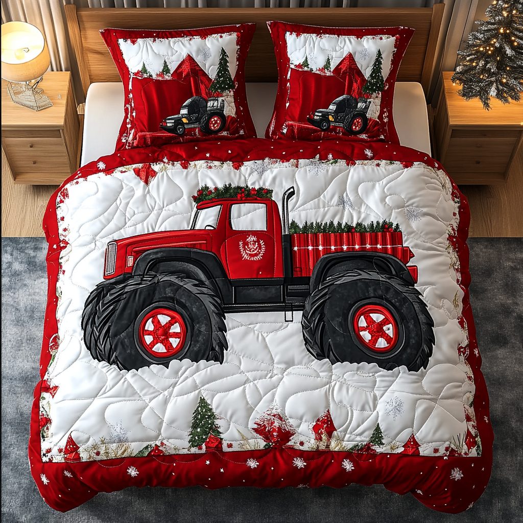 Merry Monster Truck quilted 3-piece bedding set on a made bed in a winter-styled bedroom