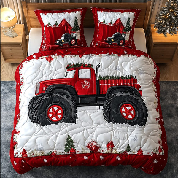 Merry Monster Truck quilted 3-piece bedding set on a made bed in a winter-styled bedroom