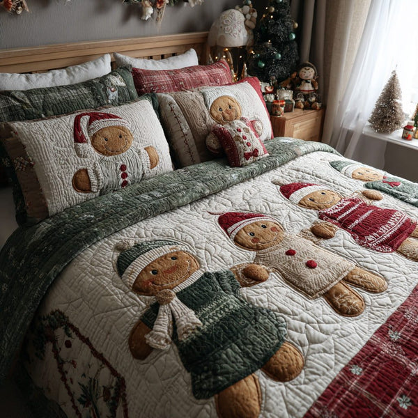 Merry Morsels quilted 3-piece bedding set on a made bed in a winter-styled bedroom