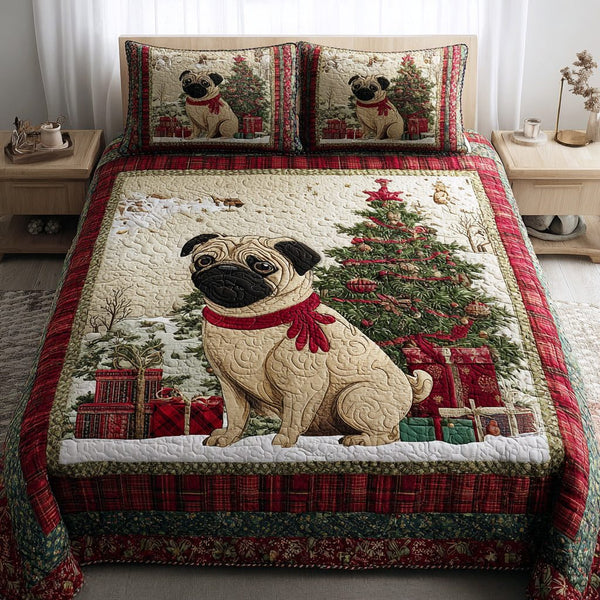 Merry Pug Scene quilted 3-piece bedding set on a made bed in a winter-styled bedroom