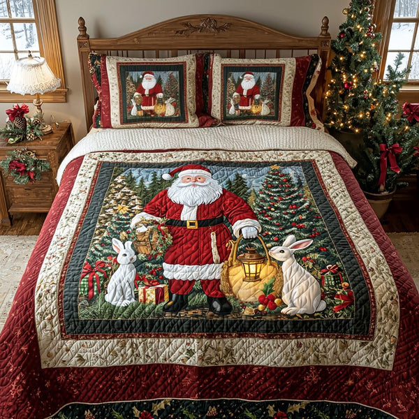 Merry Saint quilted 3-piece bedding set on a made bed in a winter-styled bedroom