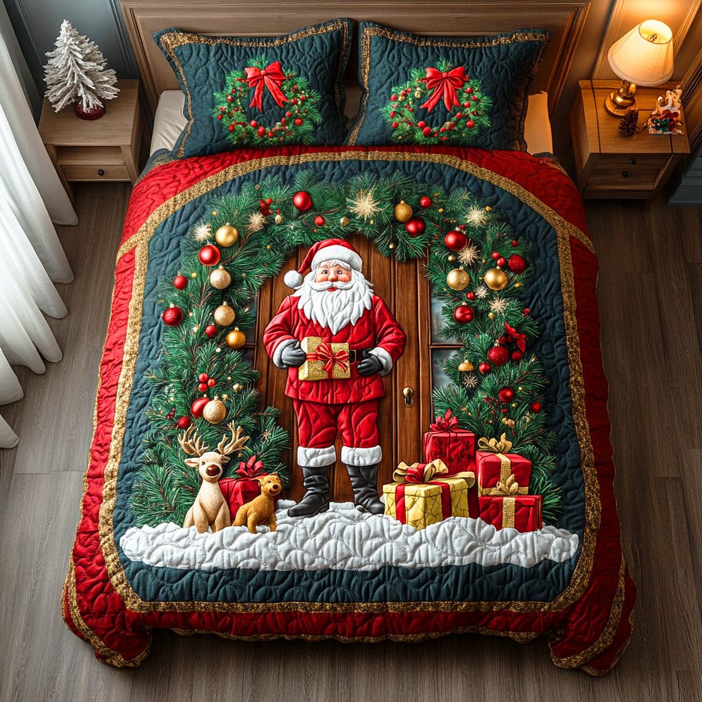 Merry Santa Journey quilted 3-piece bedding set on a made bed in a winter-styled bedroom
