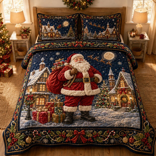 Merry Santa quilted 3-piece bedding set on a made bed in a winter-styled bedroom