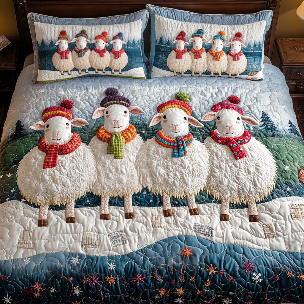 Merry Sheep quilted 3-piece bedding set on a made bed in a winter-styled bedroom