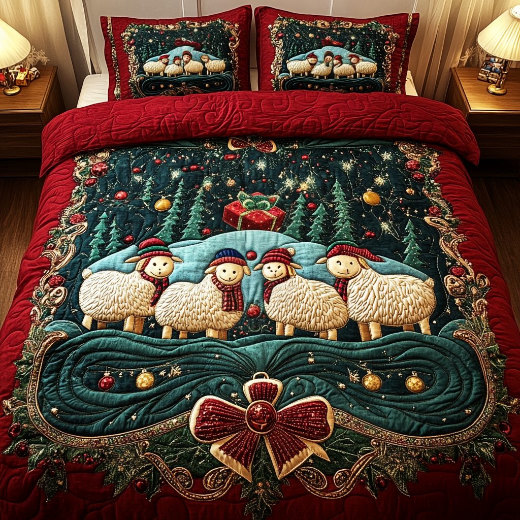 Merry Sheepmas quilted 3-piece bedding set on a made bed in a winter-styled bedroom