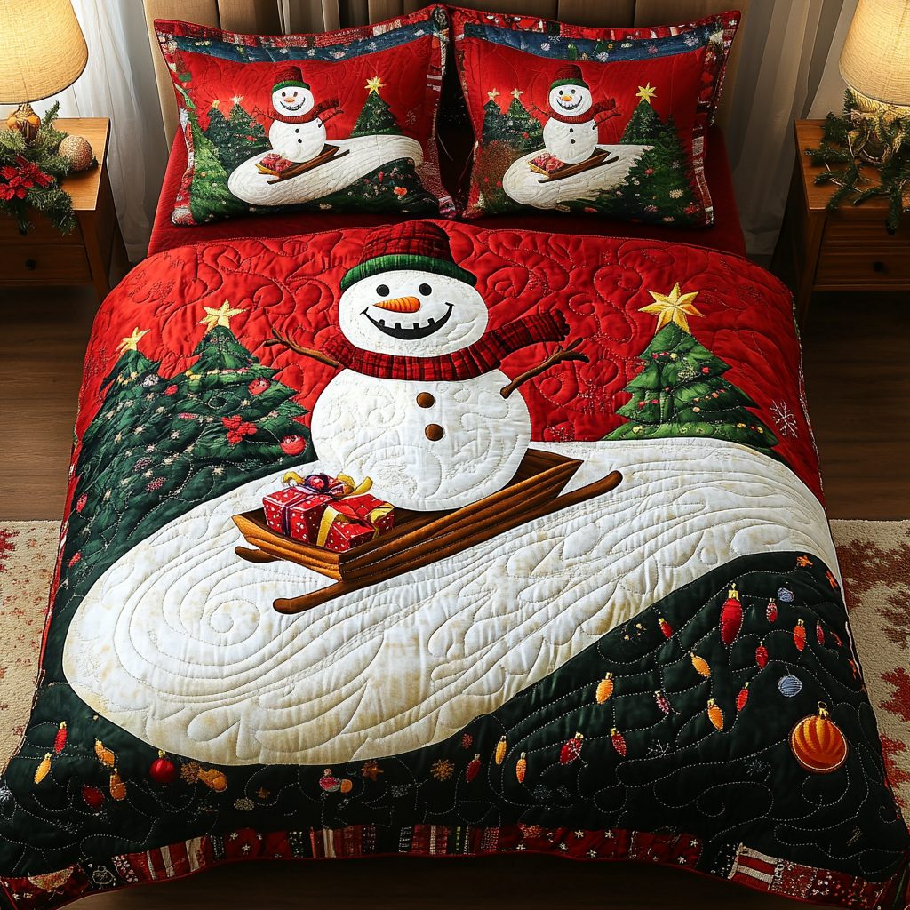 Merry Sleigh quilted 3-piece bedding set on a made bed in a winter-styled bedroom