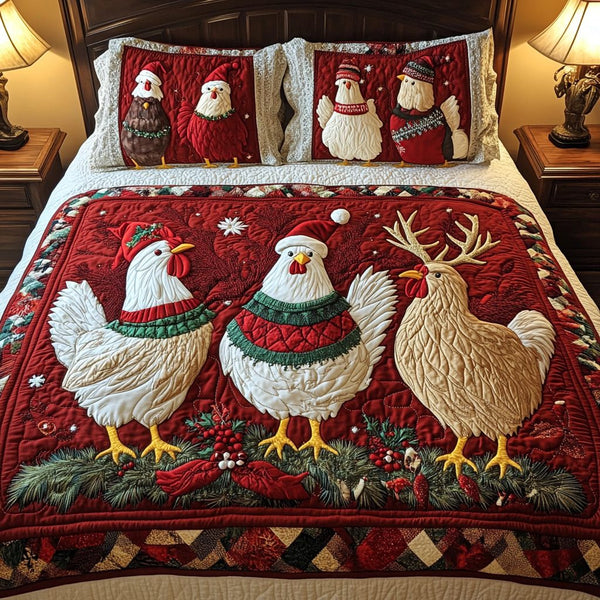 Merry Trio quilted 3-piece bedding set on a made bed in a winter-styled bedroom