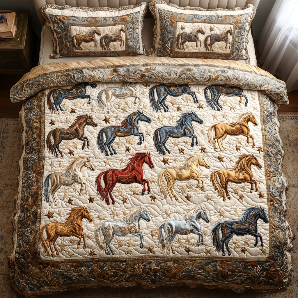 Mesa Mustang quilted 3-piece bedding set on a made bed with two matching pillow shams