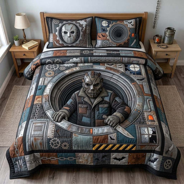 Metal Mask Portal quilted 3-piece bedding set on a made bed with two matching pillow shams