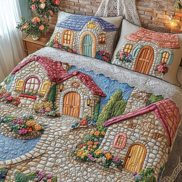 Metropolitan Charm quilted 3-piece bedding set on a made bed with two matching pillow shams